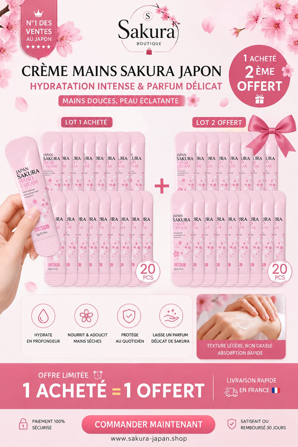 Crème mains Sakura Japon – Lot de 20 – Hydratation intense