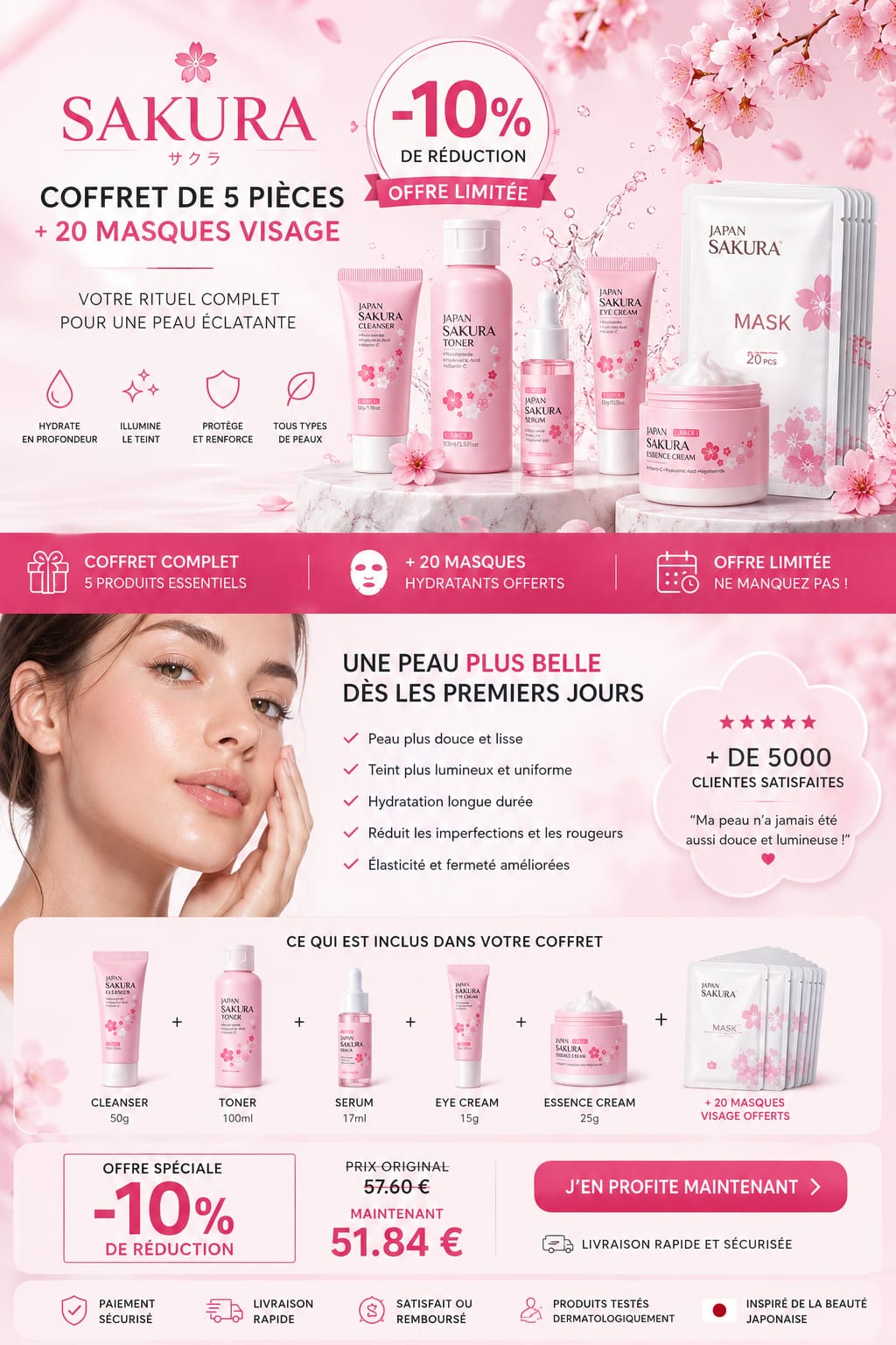 Sakura Coffret 5 pièces – 20 masques visage hydratants