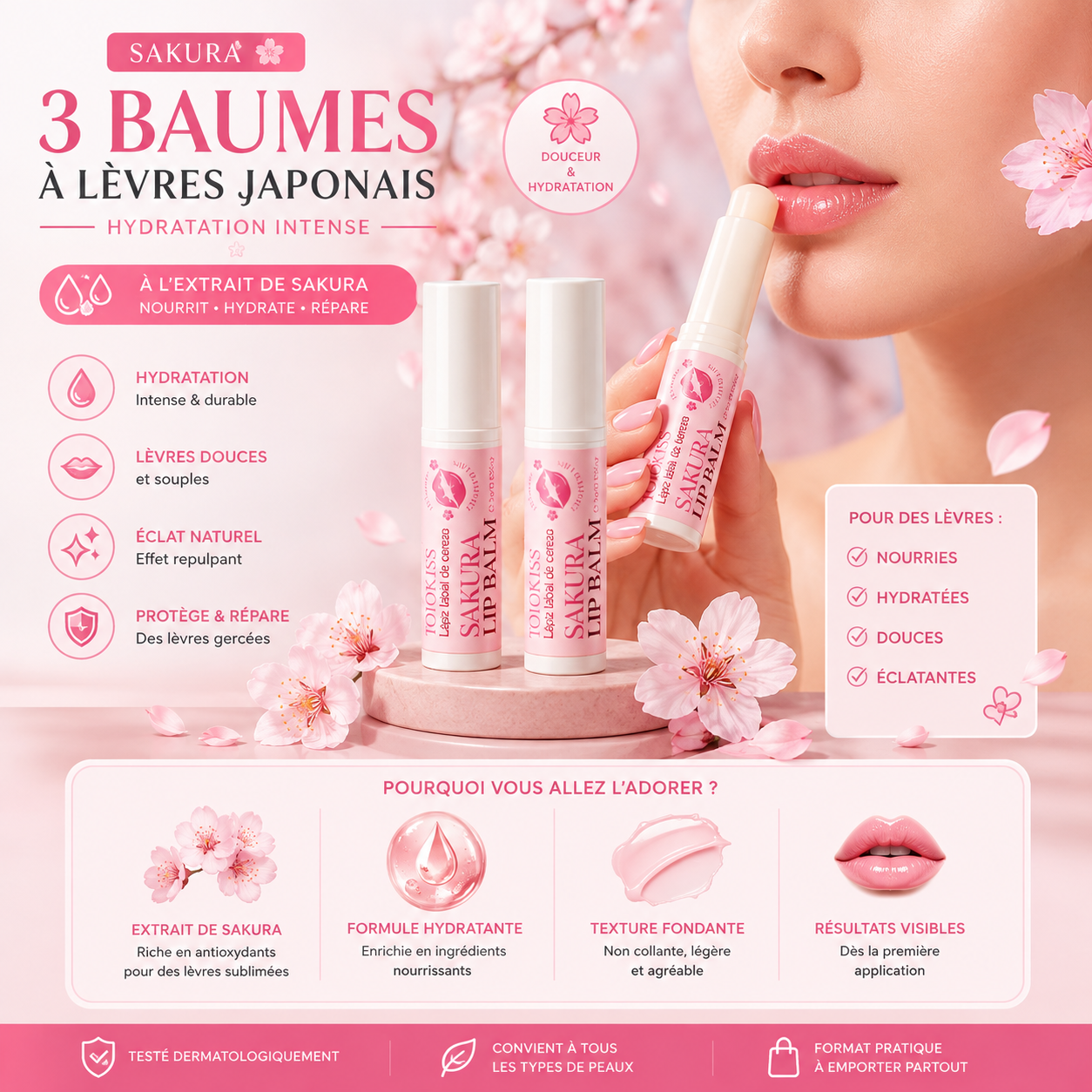 3 baumes à lèvres sakura japonais hydratation