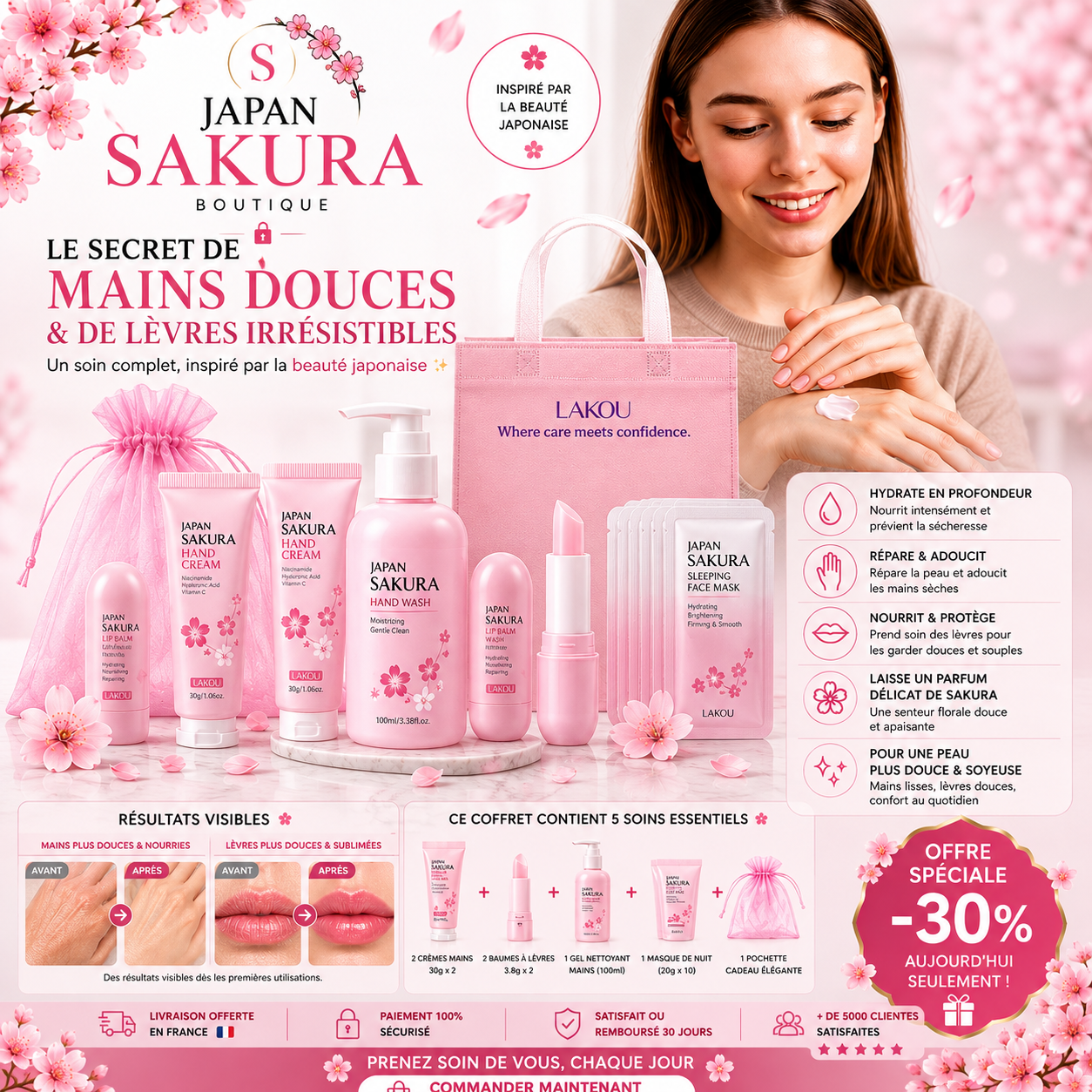 Crème mains Sakura + 2 baumes lèvres - Coffret cadeau